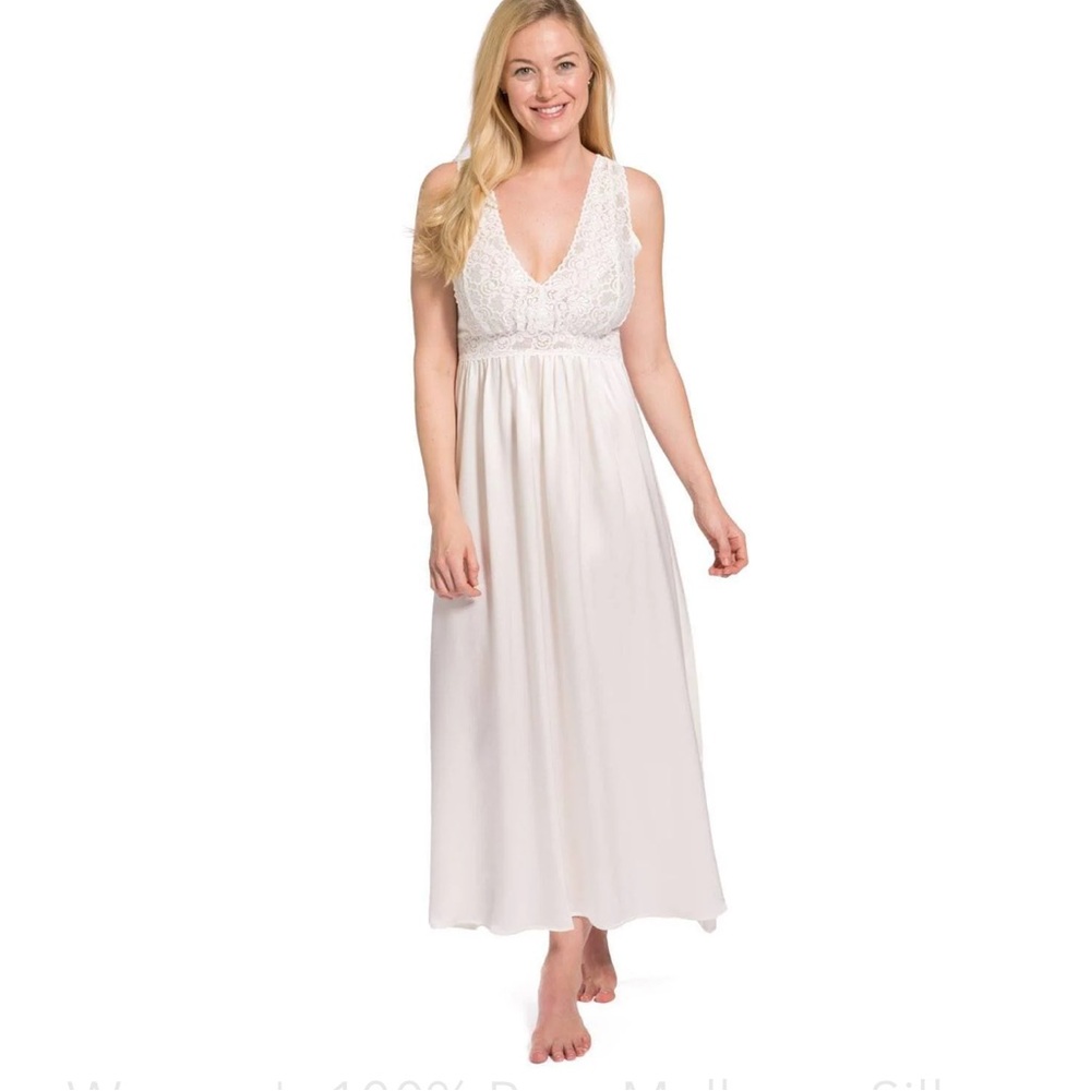 Fishers Finery 100% Pure Mulberry Silk Long Nightgown with Lace Bodice Ivory XL